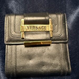 Versace Black Leather Trifold Wallet with Gold Logo